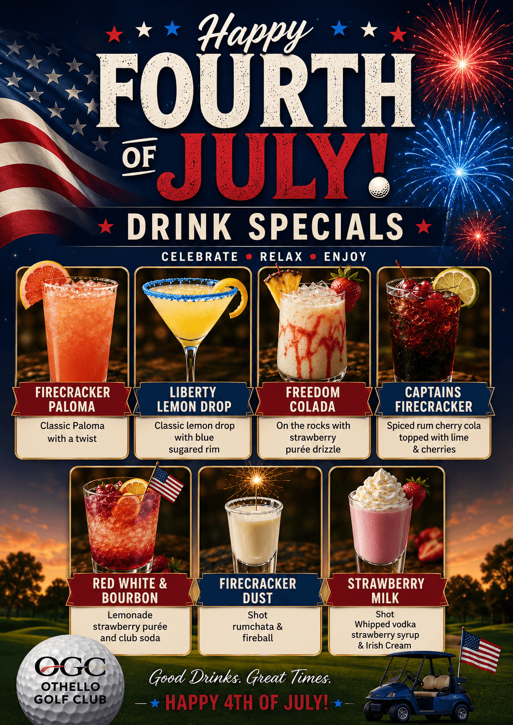 Happy Fourth of July drink specials flyer